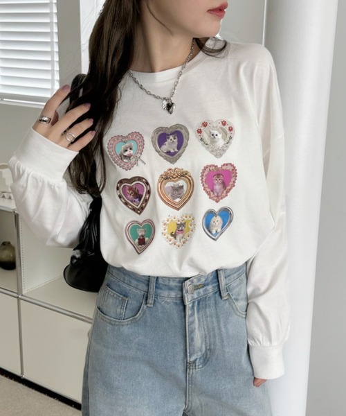 Ada.(エイダ)の「フレーム ハート ファンシー 猫 ロンT(Tシャツ/カットソー・レディース・ブラック/オフホワイト/オートミール・FREE)」の5枚目の写真