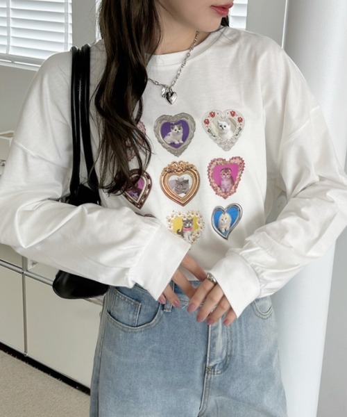 Ada.(エイダ)の「フレーム ハート ファンシー 猫 ロンT(Tシャツ/カットソー・レディース・ブラック/オフホワイト/オートミール・FREE)」の4枚目の写真