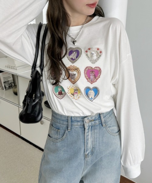 Ada.(エイダ)の「フレーム ハート ファンシー 猫 ロンT(Tシャツ/カットソー・レディース・ブラック/オフホワイト/オートミール・FREE)」の6枚目の写真