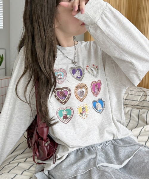 Ada.(エイダ)の「フレーム ハート ファンシー 猫 ロンT(Tシャツ/カットソー・レディース・ブラック/オフホワイト/オートミール・FREE)」の16枚目の写真