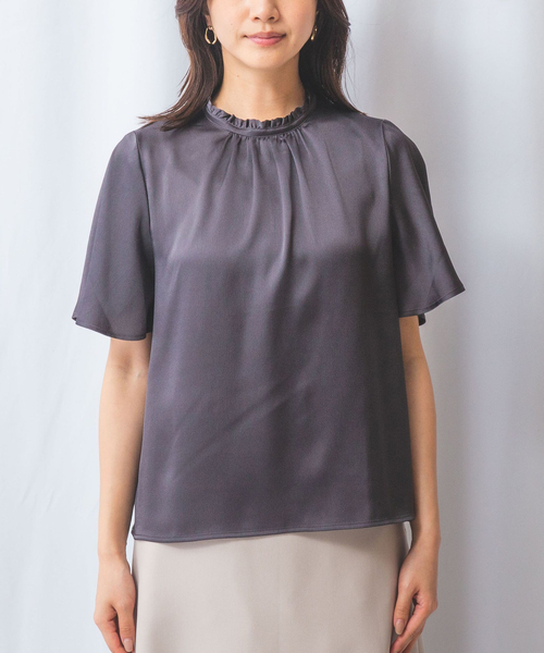 NARACAMICIE(ナラカミーチェ)の「【NARACAMICIE】シボサテン衿フリルギャザー半袖ブラウス(シャツ/ブラウス・レディース・グレー/ホワイト・M/XL)」の13枚目の写真