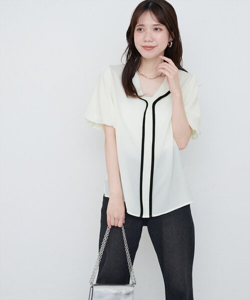 natural couture（ナチュラルクチュール）の「【WEB限定】パフスリーブパイピングブラウス（シャツ/ブラウス・レディース・オフホワイト/グレイッシュベージュ/ネイビー/ミント・FREE）」の8枚目の写真