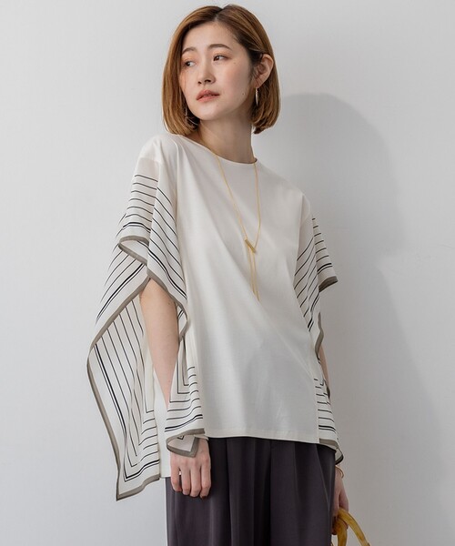 セール】【汗じみ防止加工】スカーフプリントコンビ フレンチスリーブ