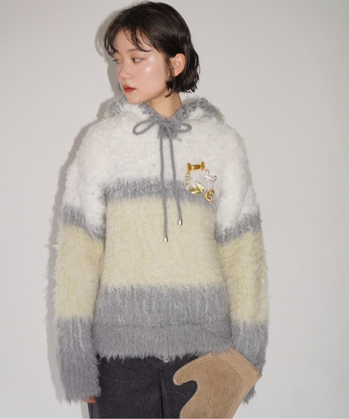 musubore（ムスボレ）の「multi color shaggy knit hoodie / シャギーニットフーディー（ニット/セーター・レディース・ブラウン/グレー/ピンク・FREE）」の12枚目の写真
