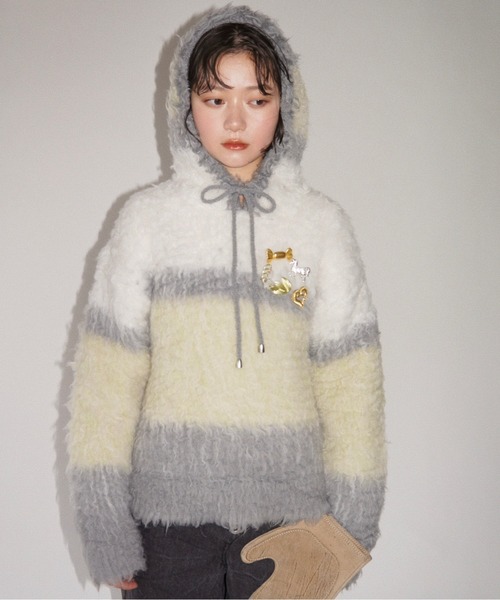musubore（ムスボレ）の「multi color shaggy knit hoodie / シャギーニットフーディー（ニット/セーター・レディース・ブラウン/グレー/ピンク・FREE）」の7枚目の写真