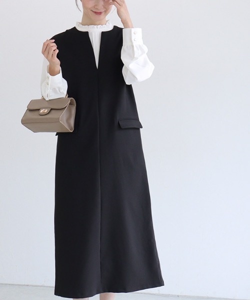 Pierrot（ピエロ）の「キーネックシンプルジャンパースカート（ジャンパースカート・レディース・ネイビー/ベージュ系その他/ブラック・M/PL/PM/LL/L）」の18枚目の写真