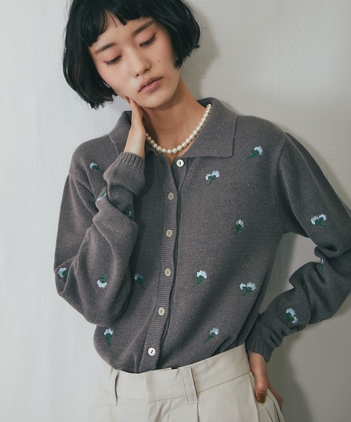 ANOTHER S（アナザーエス）の「襟付き花柄刺繍カーディガン