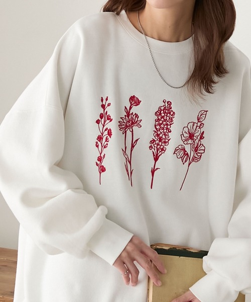 BONLECILL（ボンルシール）の「フラワー刺繍裏起毛スウェットプルオーバー（スウェット・レディース・ブラウン/オートミール/チャコールグレー/オフホワイト・FREE）」の2枚目の写真