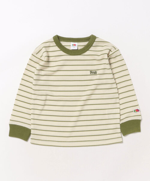 FRUIT OF THE LOOM（フルーツオブザルーム）の「【FRUIT OF THE LOOM】ワッフルボーダーロンT / キッズ / ユニセックス / バイカラー（Tシャツ/カットソー・キッズ・ピンク/アイボリー/ブルー・110cm/130cm/150cm）」の2枚目の写真