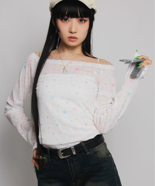 IMARI(イマリ)の「【 IMARI / イマリ 】 ドーパミン カラフル スター シアー ロング スリーブ TEE #(Tシャツ/カットソー・レディース・ホワイト・FREE)」の1枚目の写真
