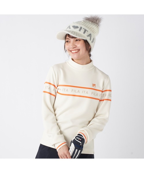 FILA GOLF(フィラゴルフ )の「FILA GOLF フィラゴルフ ゴルフウェア ロゴ プリント ライン入り ストレッチ UVカット 保温 裏起毛長袖 ハイネック シャツ(スウェット・レディース・ブラック/オフホワイト/グレー・M/L/LL)」の2枚目の写真