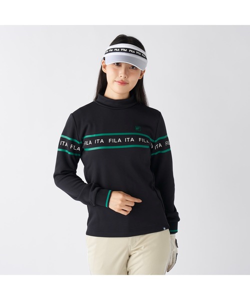 FILA GOLF(フィラゴルフ )の「FILA GOLF フィラゴルフ ゴルフウェア ロゴ プリント ライン入り ストレッチ UVカット 保温 裏起毛長袖 ハイネック シャツ(スウェット・レディース・ブラック/オフホワイト/グレー・M/L/LL)」の1枚目の写真