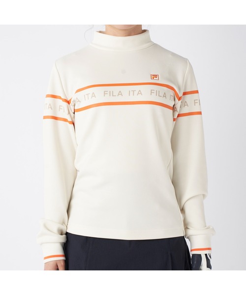 FILA GOLF(フィラゴルフ )の「FILA GOLF フィラゴルフ ゴルフウェア ロゴ プリント ライン入り ストレッチ UVカット 保温 裏起毛長袖 ハイネック シャツ(スウェット・レディース・ブラック/オフホワイト/グレー・M/L/LL)」の9枚目の写真
