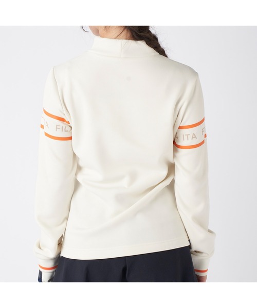 FILA GOLF(フィラゴルフ )の「FILA GOLF フィラゴルフ ゴルフウェア ロゴ プリント ライン入り ストレッチ UVカット 保温 裏起毛長袖 ハイネック シャツ(スウェット・レディース・ブラック/オフホワイト/グレー・M/L/LL)」の11枚目の写真