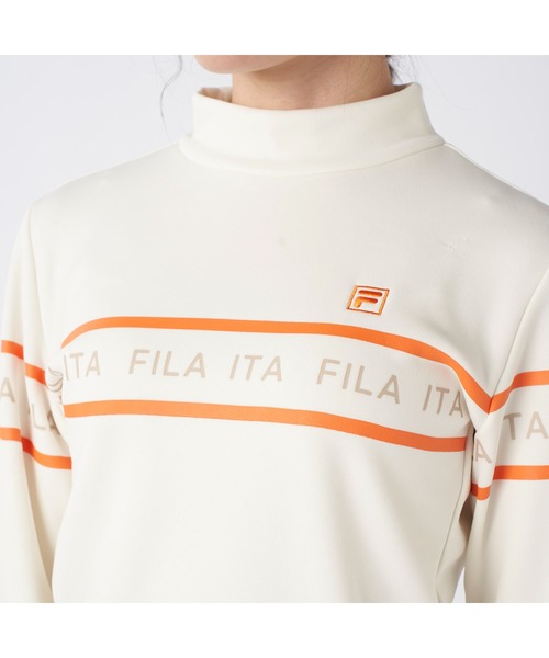 FILA GOLF(フィラゴルフ )の「FILA GOLF フィラゴルフ ゴルフウェア ロゴ プリント ライン入り ストレッチ UVカット 保温 裏起毛長袖 ハイネック シャツ(スウェット・レディース・ブラック/オフホワイト/グレー・M/L/LL)」の12枚目の写真