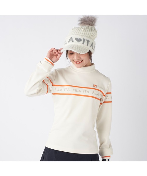 FILA GOLF(フィラゴルフ )の「FILA GOLF フィラゴルフ ゴルフウェア ロゴ プリント ライン入り ストレッチ UVカット 保温 裏起毛長袖 ハイネック シャツ(スウェット・レディース・ブラック/オフホワイト/グレー・M/L/LL)」の4枚目の写真