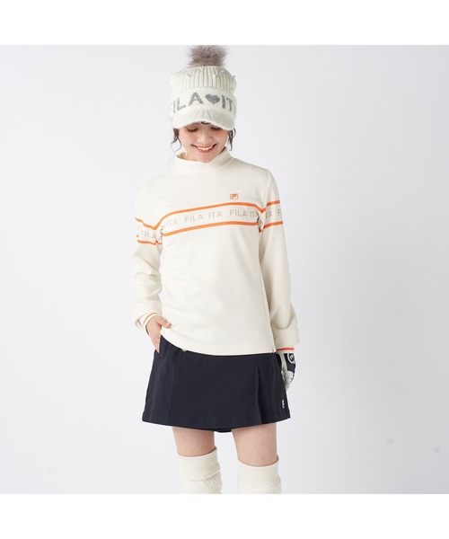 FILA GOLF(フィラゴルフ )の「FILA GOLF フィラゴルフ ゴルフウェア ロゴ プリント ライン入り ストレッチ UVカット 保温 裏起毛長袖 ハイネック シャツ(スウェット・レディース・ブラック/オフホワイト/グレー・M/L/LL)」の5枚目の写真