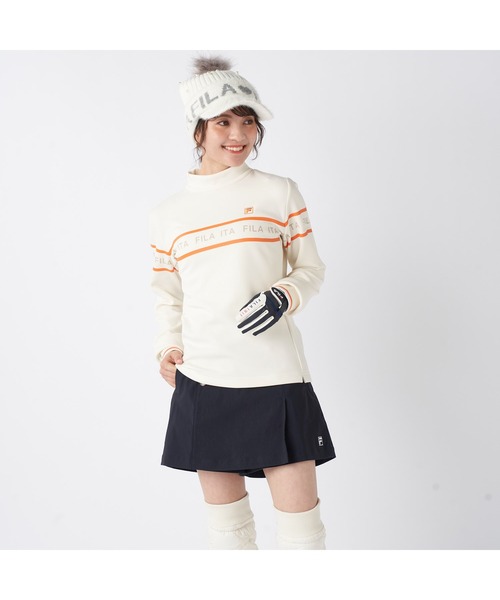FILA GOLF(フィラゴルフ )の「FILA GOLF フィラゴルフ ゴルフウェア ロゴ プリント ライン入り ストレッチ UVカット 保温 裏起毛長袖 ハイネック シャツ(スウェット・レディース・ブラック/オフホワイト/グレー・M/L/LL)」の6枚目の写真