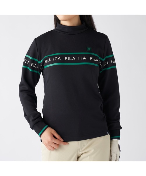 FILA GOLF(フィラゴルフ )の「FILA GOLF フィラゴルフ ゴルフウェア ロゴ プリント ライン入り ストレッチ UVカット 保温 裏起毛長袖 ハイネック シャツ(スウェット・レディース・ブラック/オフホワイト/グレー・M/L/LL)」の18枚目の写真
