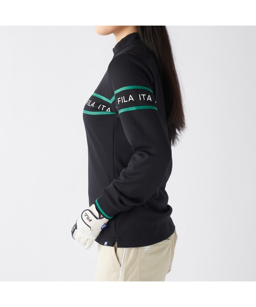 FILA GOLF(フィラゴルフ )の「FILA GOLF フィラゴルフ ゴルフウェア ロゴ プリント ライン入り ストレッチ UVカット 保温 裏起毛長袖 ハイネック シャツ(スウェット・レディース・ブラック/オフホワイト/グレー・M/L/LL)」の19枚目の写真
