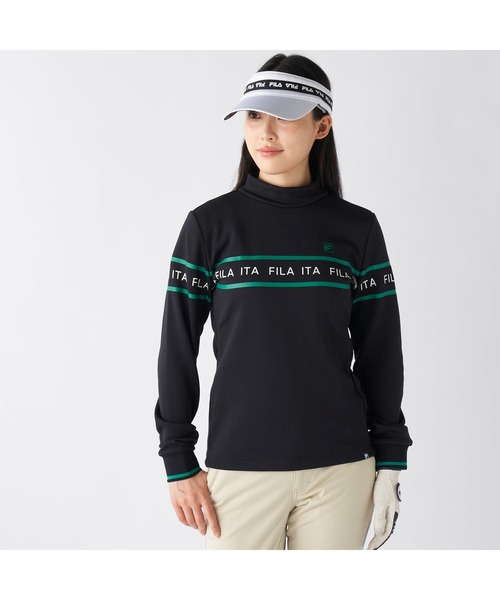 FILA GOLF(フィラゴルフ )の「FILA GOLF フィラゴルフ ゴルフウェア ロゴ プリント ライン入り ストレッチ UVカット 保温 裏起毛長袖 ハイネック シャツ(スウェット・レディース・ブラック/オフホワイト/グレー・M/L/LL)」の13枚目の写真