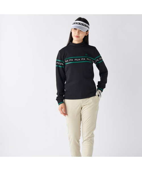 FILA GOLF(フィラゴルフ )の「FILA GOLF フィラゴルフ ゴルフウェア ロゴ プリント ライン入り ストレッチ UVカット 保温 裏起毛長袖 ハイネック シャツ(スウェット・レディース・ブラック/オフホワイト/グレー・M/L/LL)」の14枚目の写真