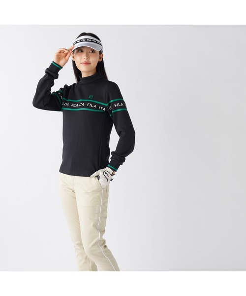 FILA GOLF(フィラゴルフ )の「FILA GOLF フィラゴルフ ゴルフウェア ロゴ プリント ライン入り ストレッチ UVカット 保温 裏起毛長袖 ハイネック シャツ(スウェット・レディース・ブラック/オフホワイト/グレー・M/L/LL)」の15枚目の写真