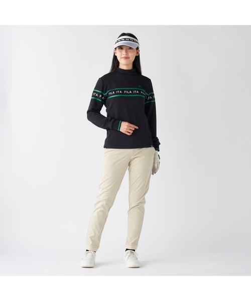 FILA GOLF(フィラゴルフ )の「FILA GOLF フィラゴルフ ゴルフウェア ロゴ プリント ライン入り ストレッチ UVカット 保温 裏起毛長袖 ハイネック シャツ(スウェット・レディース・ブラック/オフホワイト/グレー・M/L/LL)」の16枚目の写真