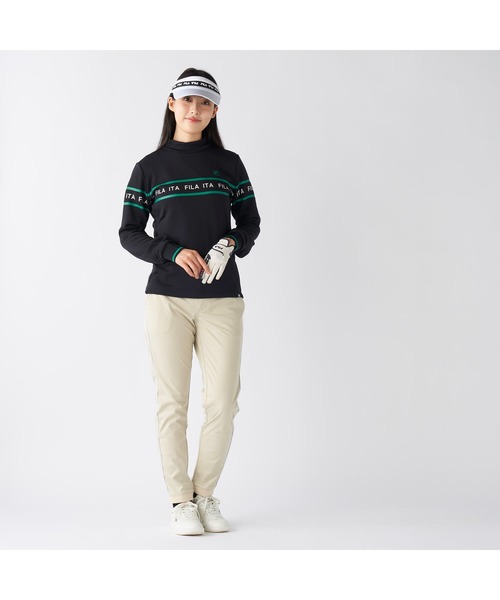 FILA GOLF(フィラゴルフ )の「FILA GOLF フィラゴルフ ゴルフウェア ロゴ プリント ライン入り ストレッチ UVカット 保温 裏起毛長袖 ハイネック シャツ(スウェット・レディース・ブラック/オフホワイト/グレー・M/L/LL)」の17枚目の写真