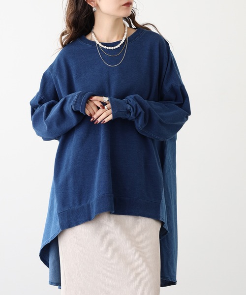 myke(ミーカ)の「myke インディゴ裏毛 後ろリボンビッグプルオーバー(Tシャツ/カットソー・レディース・ネイビー系1/ブルー/ネイビー系2・M)」の2枚目の写真