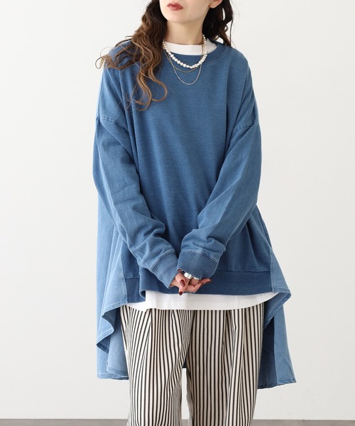 myke(ミーカ)の「myke インディゴ裏毛 後ろリボンビッグプルオーバー(Tシャツ/カットソー・レディース・ネイビー系1/ブルー/ネイビー系2・M)」の1枚目の写真