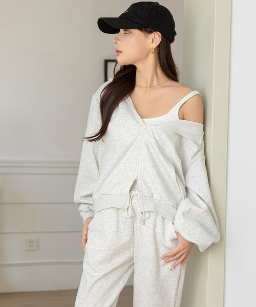 DAY CLOSET(デイ クローゼット)の「【セットアップ/調節紐付き/全周ゴム】長袖ダブルジップフーディー+ロングパンツ 上下2点セット レディース(スウェット・レディース・オートミール/グレー・FREE)」の11枚目の写真