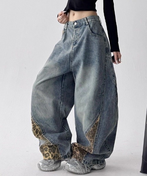 セール】【25新作】レオパード切替ワイドデニムパンツ（デニムパンツ