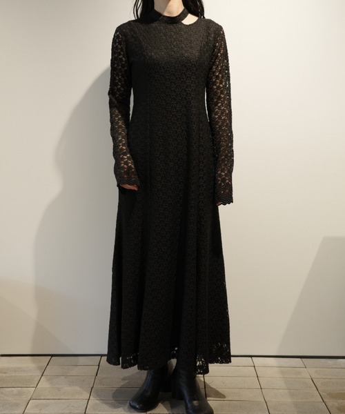 CLANE】3DFLOWER LACE SLASH NECK ONEPIECE 3D FLOWER LACE SLASH NECK