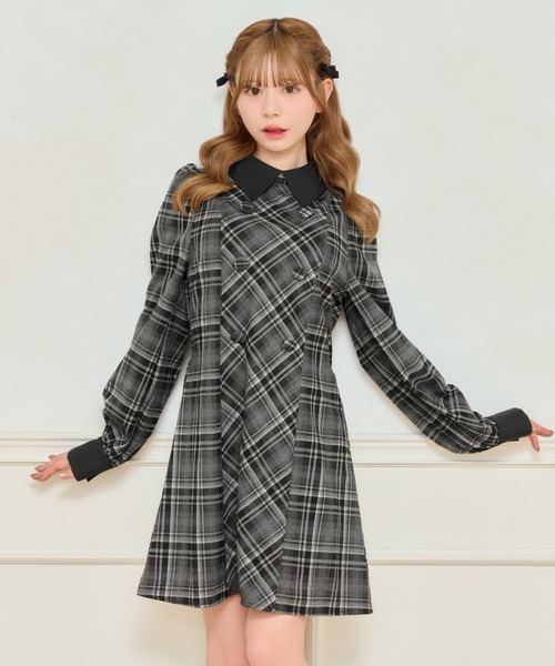 セール】チェックパフスリーブワンピース（ワンピース）｜apres jour