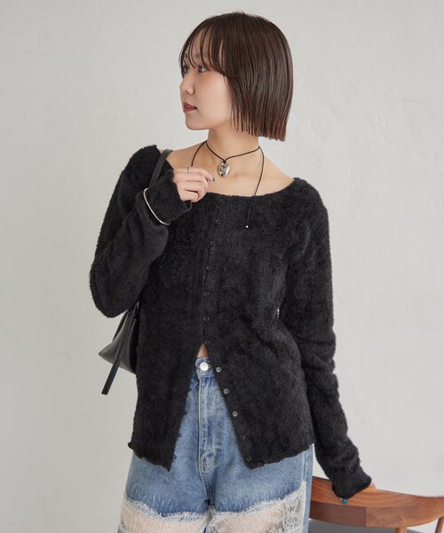 mystic（ミスティック）の「【ふわふわ素材】シャギーリブカーディガン（Tシャツ/カットソー・レディース・ブラック/オフホワイト/チャコールグレー・FREE）」の7枚目の写真