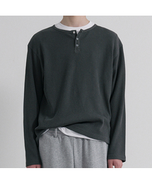 WOOALONG | Layered Loose Waffle Henley Neck Long Sleeve Tee - FADE CHARCOAL(Tシャツ/カットソー)