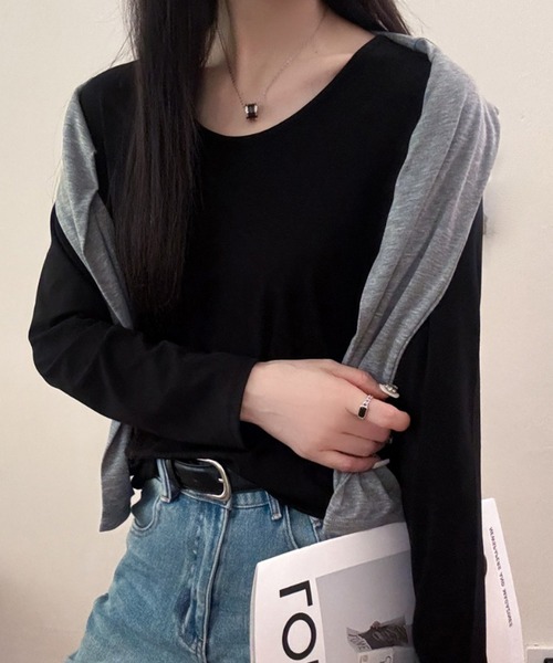 LOWO(ロワ)の「Uネック カットソー 長袖 レディース きれいめ ゆったり 無地(Tシャツ/カットソー・レディース・グレー/ホワイト/ブラック・FREE)」の1枚目の写真