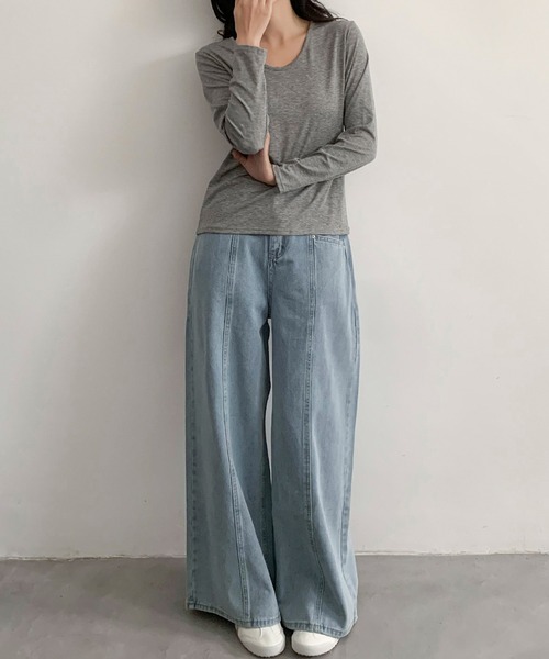 LOWO(ロワ)の「Uネック カットソー 長袖 レディース きれいめ ゆったり 無地(Tシャツ/カットソー・レディース・グレー/ホワイト/ブラック・FREE)」の4枚目の写真