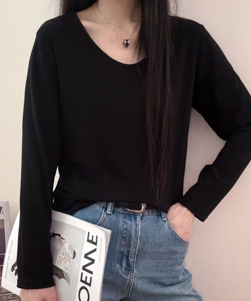 LOWO(ロワ)の「Uネック カットソー 長袖 レディース きれいめ ゆったり 無地(Tシャツ/カットソー・レディース・グレー/ホワイト/ブラック・FREE)」の9枚目の写真