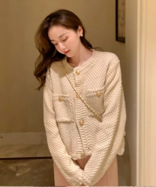 Vini(ヴィニ)の「ノーカラーニットカーディガンジャケット(カーディガン/ボレロ・レディース・ホワイト/ブラック・ONESIZE)」の2枚目の写真