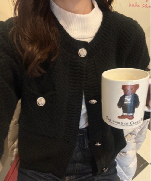 Vini(ヴィニ)の「ノーカラーニットカーディガンジャケット(カーディガン/ボレロ・レディース・ホワイト/ブラック・ONESIZE)」の4枚目の写真