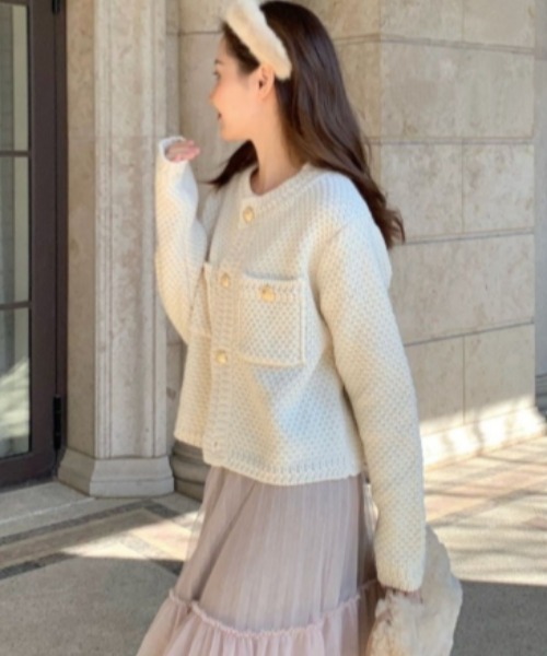 Vini(ヴィニ)の「ノーカラーニットカーディガンジャケット(カーディガン/ボレロ・レディース・ホワイト/ブラック・ONESIZE)」の6枚目の写真