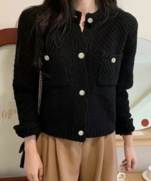 Vini(ヴィニ)の「ノーカラーニットカーディガンジャケット(カーディガン/ボレロ・レディース・ホワイト/ブラック・ONESIZE)」の7枚目の写真