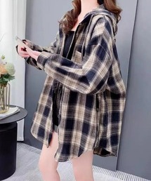 フード付き チェックシャツオーバーサイズ