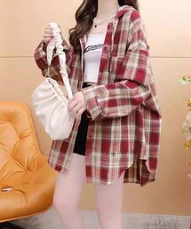 フード付き チェックシャツオーバーサイズ