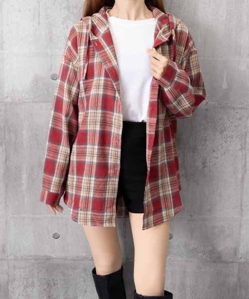 Miniministore(ミニミニストア)の「フード付き チェックシャツオーバーサイズ(シャツ/ブラウス・レディース・ワインレッド/ネイビー/ブラウン・FREE)」の18枚目の写真