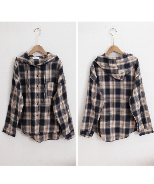Miniministore(ミニミニストア)の「フード付き チェックシャツオーバーサイズ(シャツ/ブラウス・レディース・ワインレッド/ネイビー/ブラウン・FREE)」の13枚目の写真