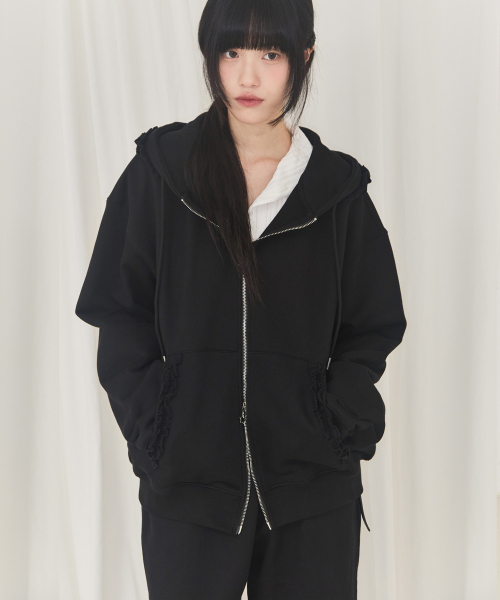 ALKI ALKA(アルキアルカ)の「Frill Hoodie Zip-up (Black)(パーカー・レディース・ブラック・FREE)」の5枚目の写真