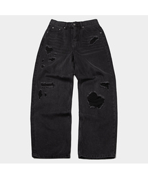 PLACESTUDIOMAN（プレイススタジオメンズ）の「ヴィンテージウォッシュドダメージパッチディテールワイドデニムパンツ[黒青]（デニムパンツ）」